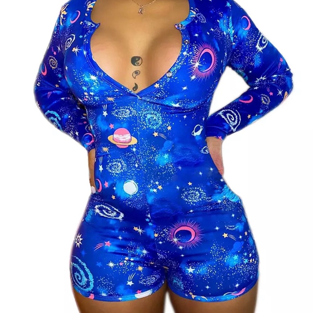 Women's Blue Galaxy Print Pajama Romper